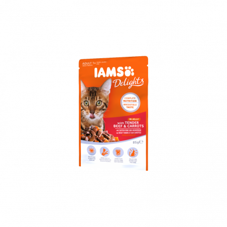 IAMS gulašs pieaugušiem kaķiem ar liellopu gaļu un burkāniem želejā 85g|IAMS