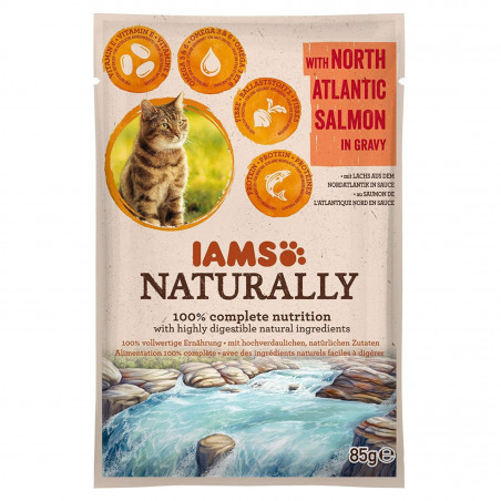 IAMS Naturally Adult kaķu konservu barība ar lasi mērcē 85g|IAMS