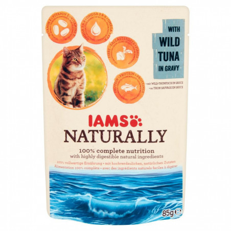 IAMS Naturally Adult karma dla kotów w puszce z dzikim tuńczykiem w sosie 85g|IAMS