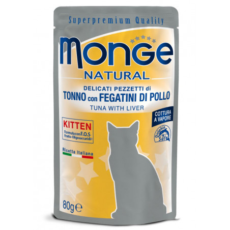 Monge Natural karma w puszkach dla kotów ze smacznymi kąskami tuńczyka i gotowanymi na parze wątróbkami z kurczaka 80g|Monge