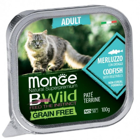 Monge BWild Adult paštetas katėms su su menke ir daržovėmis 100g|Monge