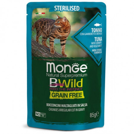 Monge BWild konservi sterilizētiem kaķiem ar tunci, garnelēm un dārzeņiem mērcē 85g|Monge