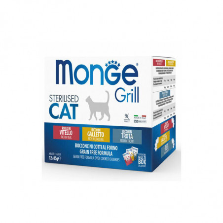 Monge Grill karma w puszkach dla sterylizowanych kotów mieszanka z kurczakiem/cielęciną/pstrągiem 85g x12|Monge