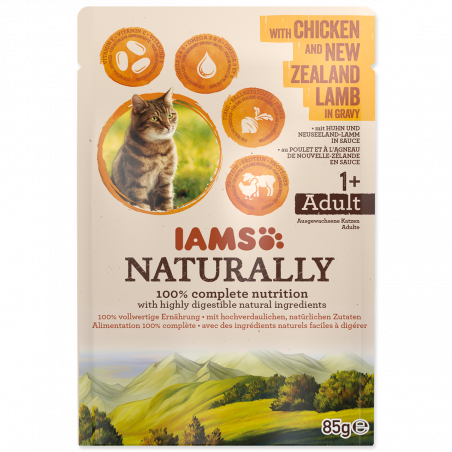 IAMS Naturally Adult kassikonserv kana ja lambalihaga kastmes 85g|IAMS