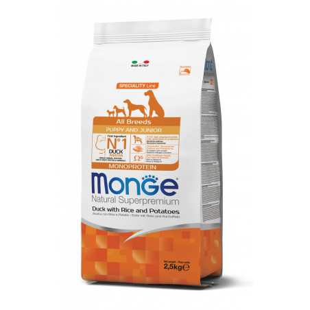 Monge spec. line monoprotein puppy sausas pašaras visų veislių jauniems šuniukams su antiena, ryžiais ir bulvėmis 2,5kg|Monge