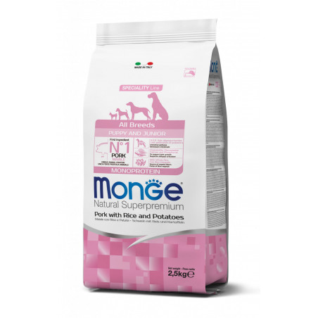 Monge spec. line monoprotein puppy sausas pašaras visų veislių jauniems šuniukams su kiauliena, ryžiais ir bulvėmis 2,5kg|Monge