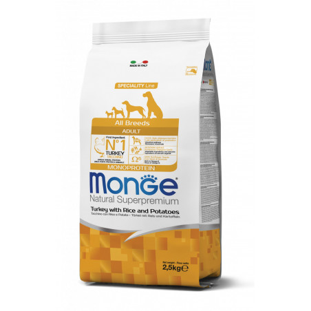 Monge spec. line monoprotein adult sausas pašaras visų veislių suaugusiems šunims su kalakutiena, ryžiais, bulvėmis 2,5kg|Monge