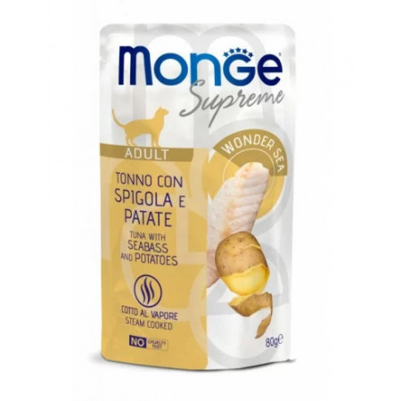 M06798 Monge SUPREME - Kaķu mitrās kapsulas Tuncis ar jūras asariem un kartupeļiem - pieaugušajiem 80g (24)|Monge