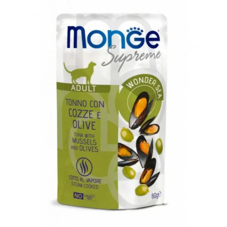 M06804 Monge SUPREME - Kaķu mitrās kapsulas Tuncis ar gliemenēm un olīvām - pieaugušajiem 80g (24)|Monge