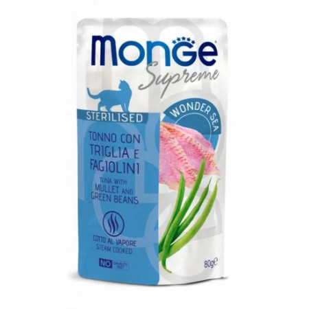 M06811 Monge SUPREME - Saszetki mokre dla kotów Tuńczyk z barweną i zieloną fasolką - sterylizowane 80g (24 szt.)|Monge