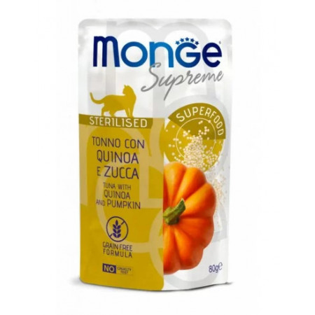 M07818 Monge SUPREME - Mitrie maisiņi kaķiem Tuncis ar kvinoju un ķirbi - sterilizēti 80g (24)|Monge