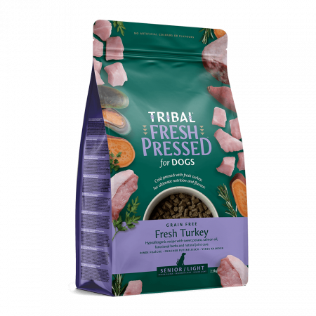 Auksti presēta senioru un diētiskā suņu barība ar tītaru gaļu - Tribal Fresh Pressed Senior/Light Turkey|Tribal