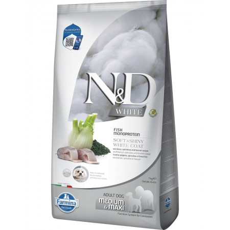 FARMINA N&ampD WHITE - DOG Dry Sea Bass Spirulina&ampFennel ADULT MED&ampMAX 7 kg|Farmina