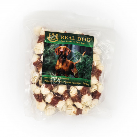 Real Dog SNACKS Kaulas su mazgais, apsuktas triušiena 500g|Real Dog