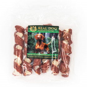 Real Dog SNACKS Žaliaminės odos ritinys su antiena 500g