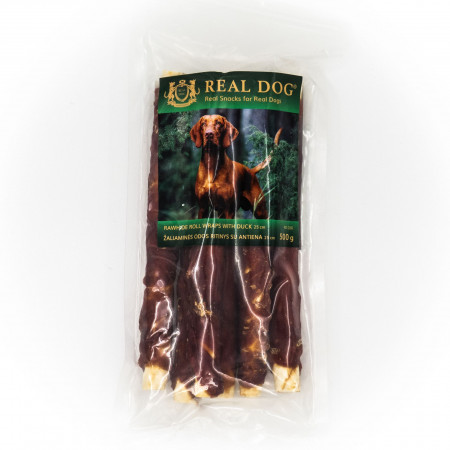 Real Dog SNACKS Žaliaminės odos ritinys su antiena 25cm 500g|Real Dog