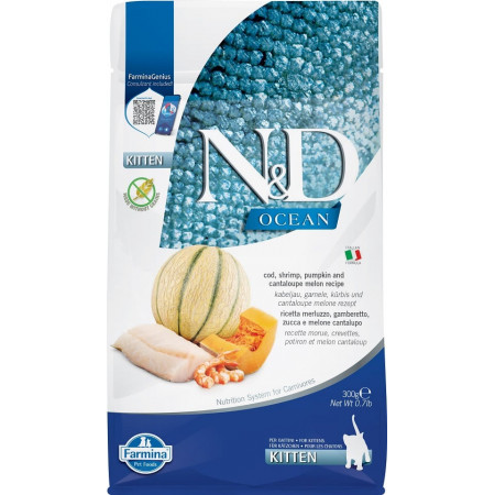 FARMINA N&ampD OCEAN - CAT Dry Cod Shrimp Pumpkin&ampCantaloupe KITTEN 300 gr|Farmina