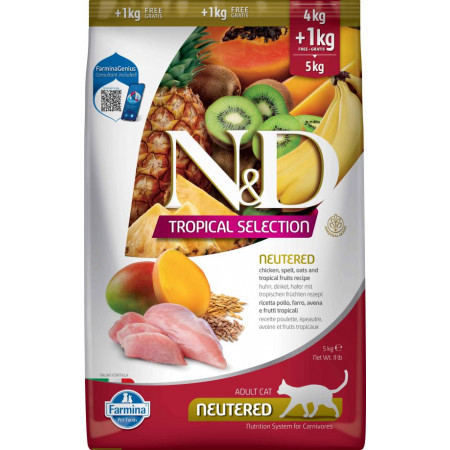 FARMINA N&ampD TROPICAL SELECTION - CAT Dry Chicken, Spelt, Oats NEUTERED 4+1 kg|Farmina